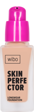 Wibo Skin Perfector Longwear Foundation w szklanej butelce z różową pompką, widok z przodu.