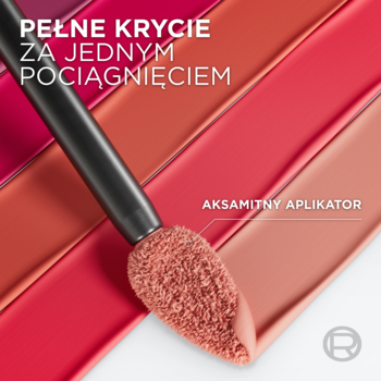 Aksamitny aplikator matowej pomadki L'Oréal Infaillible Matte Resistance na tle kolorowych próbek.
