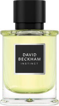 David Beckham Instinct woda perfumowana, butelka z jasnożółtym płynem, czarną nakrętką, widok z przodu.