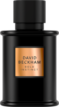 David Beckham Bold Instinct EDP: czarny flakon z miedzianą etykietą i czarną nakrętką, widok frontalny.