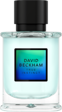 David Beckham True Instinct woda perfumowana w przezroczystym flakonie z holograficzną etykietą, widok z przodu.