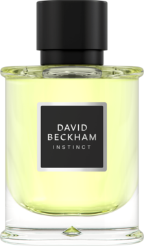 David Beckham Instinct woda perfumowana męska w prostokątnej butelce z żółtym płynem, czarna etykieta, widok z przodu.