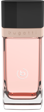 Bugatti Eleganza perfumy: prostokątna butelka z różowym płynem, czarna nakrętka i złote detale.