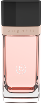 Woda perfumowana Bugatti Eleganza w prostokątnej butelce z różowym płynem, czarną nakrętką i różowo-złotym napisem "bugatti", widok z przodu.