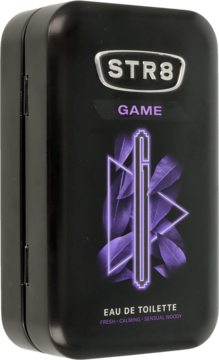 STR8 GAME męska woda toaletowa w czarnym metalowym pudełku z fioletowym logo i grafiką, widok z przodu.