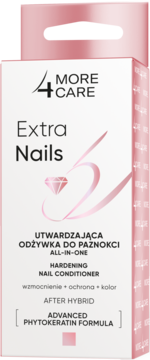 Pionowe opakowanie More4Care Extra Nails, utwardzająca odżywka do paznokci, w biało-różowym kartoniku, widok z przodu.