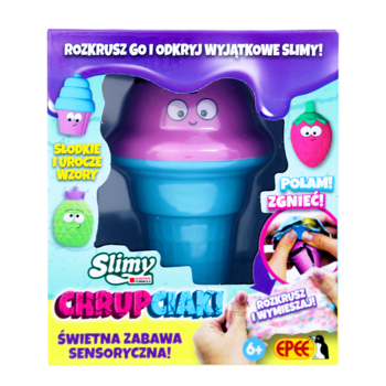 Fioletowo-niebieskie opakowanie Slimy Chrupciaki w kształcie loda z buzią, sensoryczny chrupiący slime.