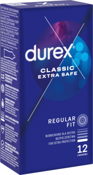 Granatowe pudełko Durex Classic Extra Safe, 12 prezerwatyw, wzmocnione, widok z przodu i lewego boku.