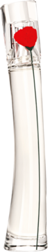 Kenzo Flower by Kenzo woda perfumowana dla kobiet w przezroczystej butelce z czerwoną makową dekoracją, widok z przodu.