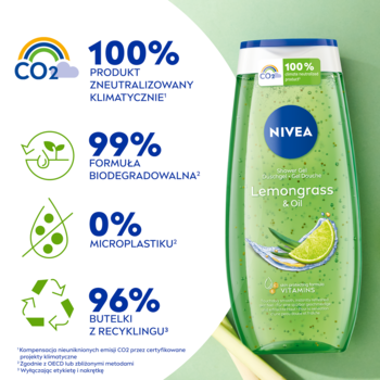 Zielony żel pod prysznic NIVEA Lemongrass & Oil z infografiką o składzie i ekologicznych cechach produktu.