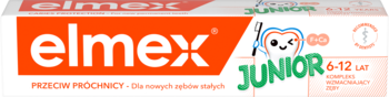 Elmex Junior pasta do zębów przeciw próchnicy dla dzieci 6-12 lat, biała tubka z pomarańczową etykietą i zębem, widok z przodu.