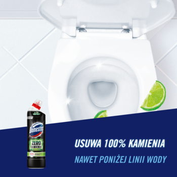 Domestos Zero Kamienia żel do WC Lime, czarna butelka obok czystej toalety z limonkami, usuwa kamień.