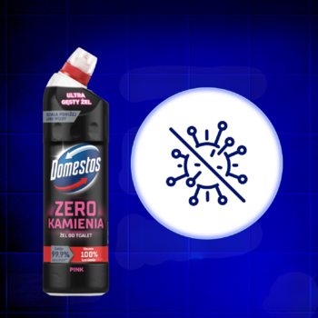 Czarny Domestos Zero Kamienia Pink żel do toalet 750 ml z czerwoną nakrętką, obok ikona przekreślonego wirusa.