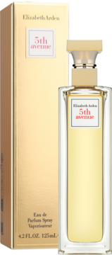 Elizabeth Arden 5th Avenue woda perfumowana 125ml w złotym pudełku i podłużnej butelce, widok z przodu.