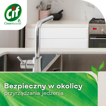 Cif Cleanboost: widok na czysty zlew i kran w kuchni. Zielony panel z napisem Bezpieczny w okolicy przyrządzania jedzenia.