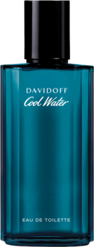 Butelka Davidoff Cool Water Eau de Toilette, ciemnoniebieska, z czarną nakrętką, widok z przodu.