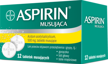 Zielone opakowanie Aspirin Musująca z napisem Bayer, lek na gorączkę i grypę, z widocznymi dwiema białymi tabletkami obok.