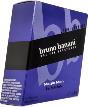 Męska woda toaletowa Bruno Banani Magic Man 30ml, fioletowo-czarne pudełko z napisem, widok pod kątem.