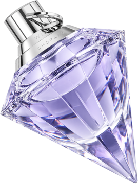 Chopard Wish woda perfumowana, butelka fasetowana z liliowym płynem, srebrna zakrętka z pierścieniem. Ujęcie z boku.
