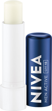 Otwarta pomadka ochronna NIVEA MEN Active SPF 15 z białym sztyftem i niebieską zakrętką, widok z przodu.