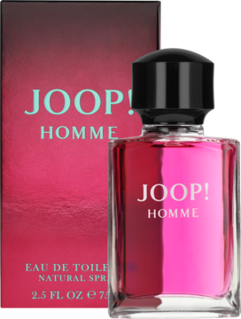 Różowy perfum JOOP! Homme EDT w butelce i metaliczne czerwone pudełko, widok z przodu, lekko pod kątem.