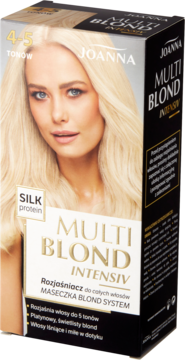 Joanna Multi Blond Intensiv rozjaśniacz do włosów w białym pudełku z wizerunkiem blondynki, przód, pod kątem.
