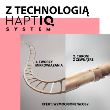 Grafika Schwarzkopf Taft HAPTIQ: przedstawia jak system tworzy mikrowiązania i wzmacnia włosy. Różowo-białe tło.