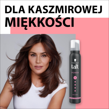 Uśmiechnięta kobieta z długimi włosami obok pianki Schwarzkopf Taft Power w czarnej butelce, dla kaszmirowej miękkości.