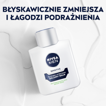 NIVEA MEN Sensitive balsam po goleniu w białej butelce, łagodzący podrażnienia, widok z przodu na tle płynu.