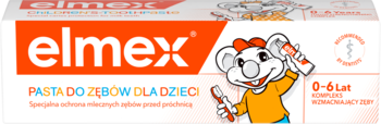 Elmex pasta dla dzieci 0-6 lat, biało-pomarańczowe opakowanie, z kreskówkową koalą szczotkującą zęby.