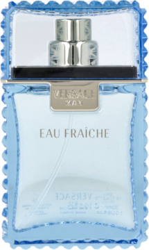 Perfumy męskie Versace Eau Fraiche, jasnoniebieska butelka EDT z teksturowanymi bokami, widok z przodu.