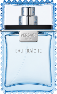 Versace Man Eau Fraîche woda toaletowa dla mężczyzn, błękitna butelka, rzeźbiony korek, widok z przodu.