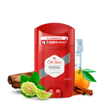 Czerwony Old Spice Original dezodorant w sztyfcie 48H, otoczony bergamotką i cynamonem, na białym tle.