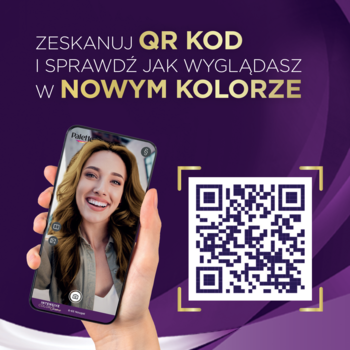 Fioletowa reklama Palette: smartfon z symulacją koloru włosów, obok duży QR kod do wirtualnej przymiarki.