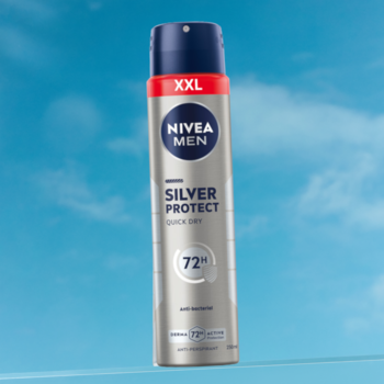 Srebrny antyperspirant NIVEA MEN Silver Protect Quick Dry 72h, XXL, widok z przodu, na tle błękitnego nieba.