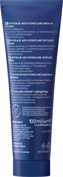 Tył ciemnoniebieskiej tubki NIVEA MEN Hydrocare Krem do golenia z wielojęzycznym opisem i pojemnością 100ml.