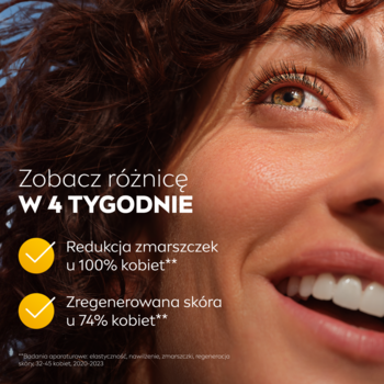 Kobieta z gładką cerą uśmiecha się, obok tekst o efektach NIVEA Q10 przeciwzmarszczkowego kremu po 4 tygodniach.