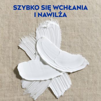 Krem NIVEA Creme, gęste białe smugi na naturalnym beżowym tle z napisem: "SZYBKO SIĘ WCHŁANIA I NAWILŻA".