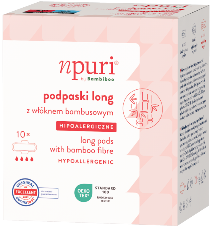 NPURI BY BAMBIBOO, podpaski higieniczne ze skrzydełkami, z włóknem bambusowym, Long, 10 szt.