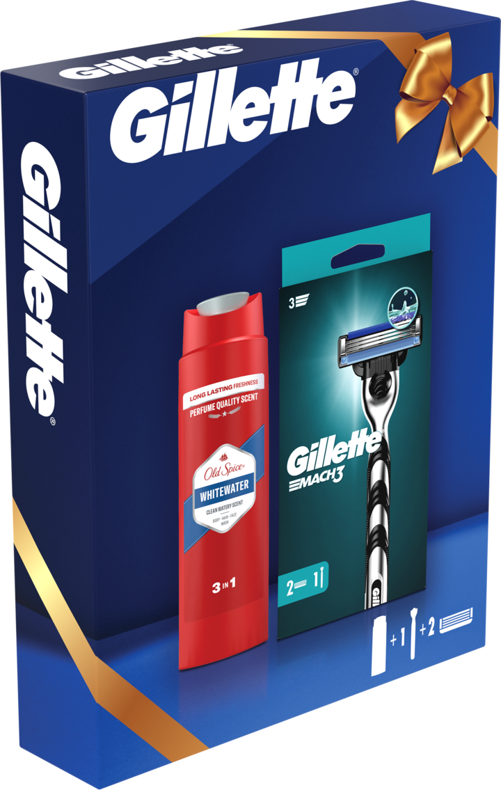 GILLETTE, Mach 3, zestaw dla mężczyzn, maszynka do golenia + wkład + żel pod prysznic Old Spice Whitewater, 1 szt.