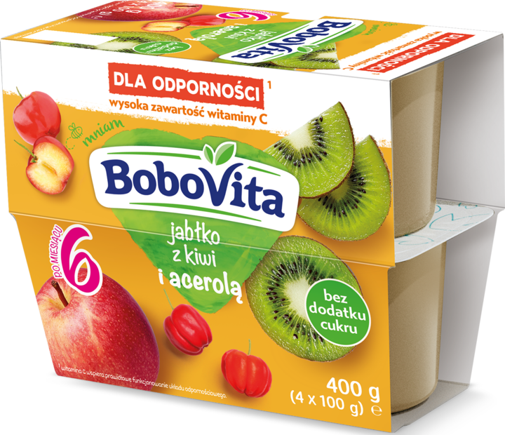 BOBOVITA, mus owocowy, jabłko z kiwi i acerolą, 6m+, 4x100g