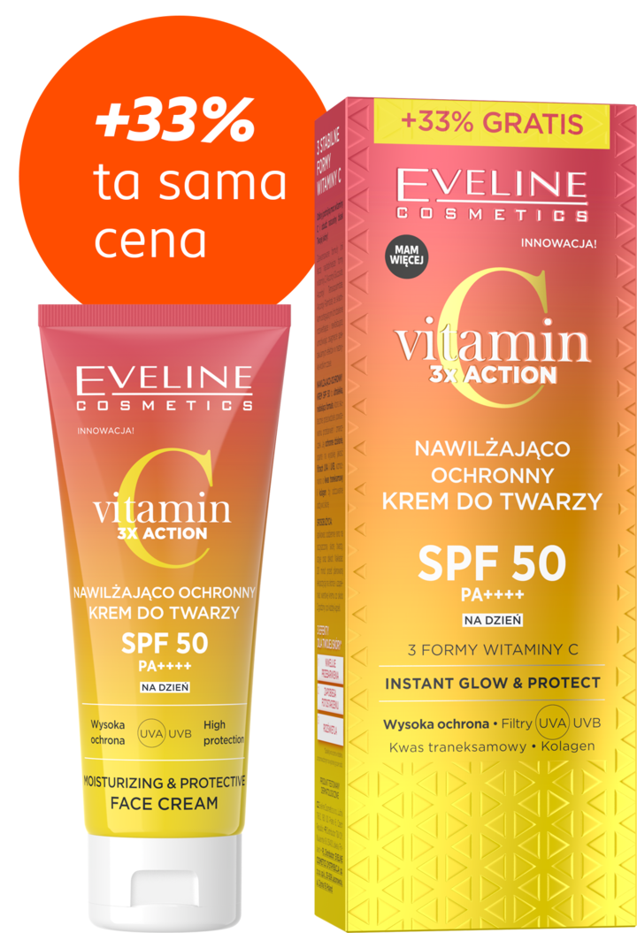 EVELINE COSMETICS, Vitamin C 3xAction, krem do twarzy, nawilżająco-ochronny, SPF 50 PA++++, na dzień, 40 ml