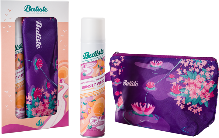 BATISTE, Sunset Vibes, zestaw, suchy szampon do włosów + kosmetyczka, 1 szt.