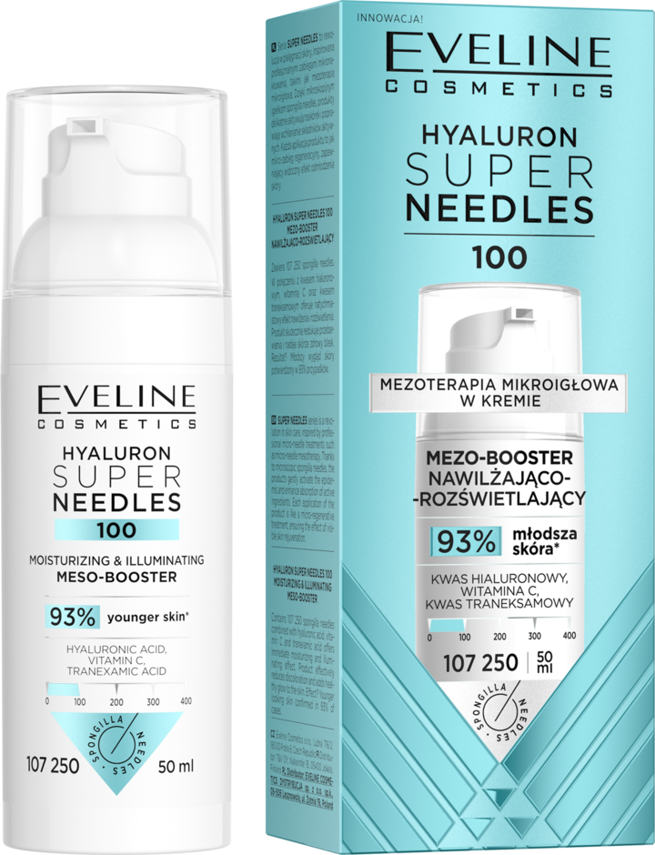 EVELINE COSMETICS, Hyaluron Super Needles 100, mezo-booster do twarzy, nawilżająco-rozświetlający, 50 ml