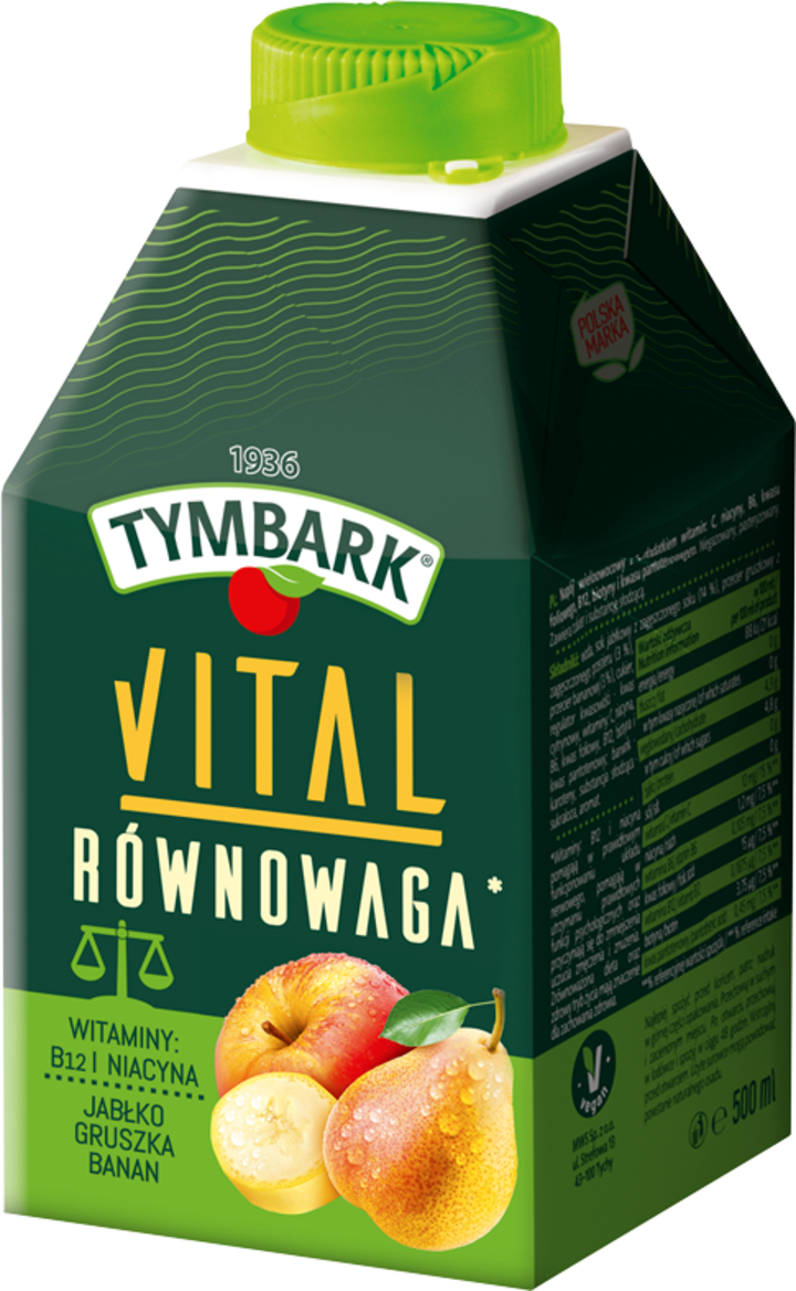 TYMBARK, Vital Równowaga, napój wieloowocowy Jabłko, Gruszka, Banan, z Witaminami B12 i Niacyną, 500 ml