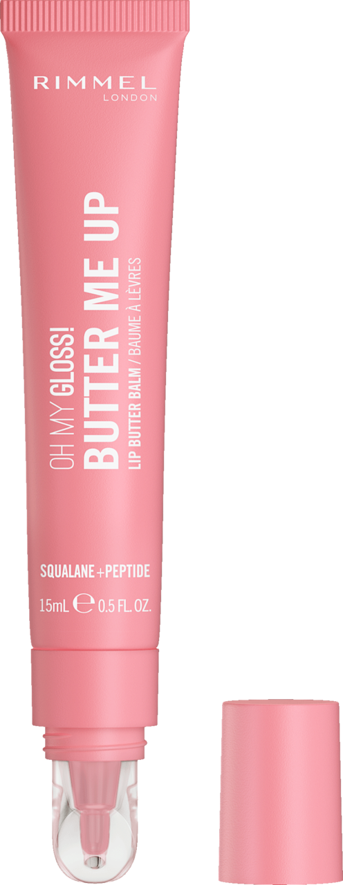 RIMMEL, Oh My Gloss! Butter Me Up, balsam do ust, nawilżający, z peptydami i skwalanem, nr 002 Bubble Gum, 15 ml