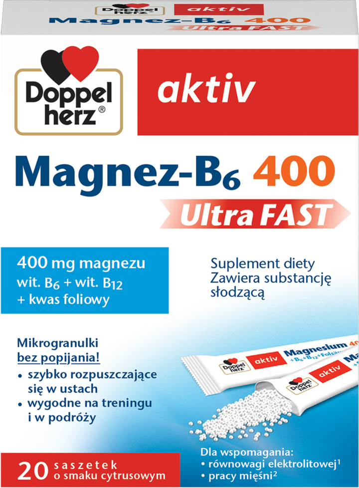 DOPPELHERZ, Aktiv, saszetki o smaku Cytrynowym, Magnez-B6 400 Ultra Fast, suplement diety, 20 szt.