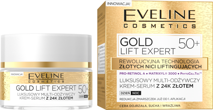 EVELINE COSMETICS, Gold Lift Expert, krem-serum do twarzy, luksusowy, multi-odżywczy, z 24K złotem, 50+, na dzień i na noc, 50 ml