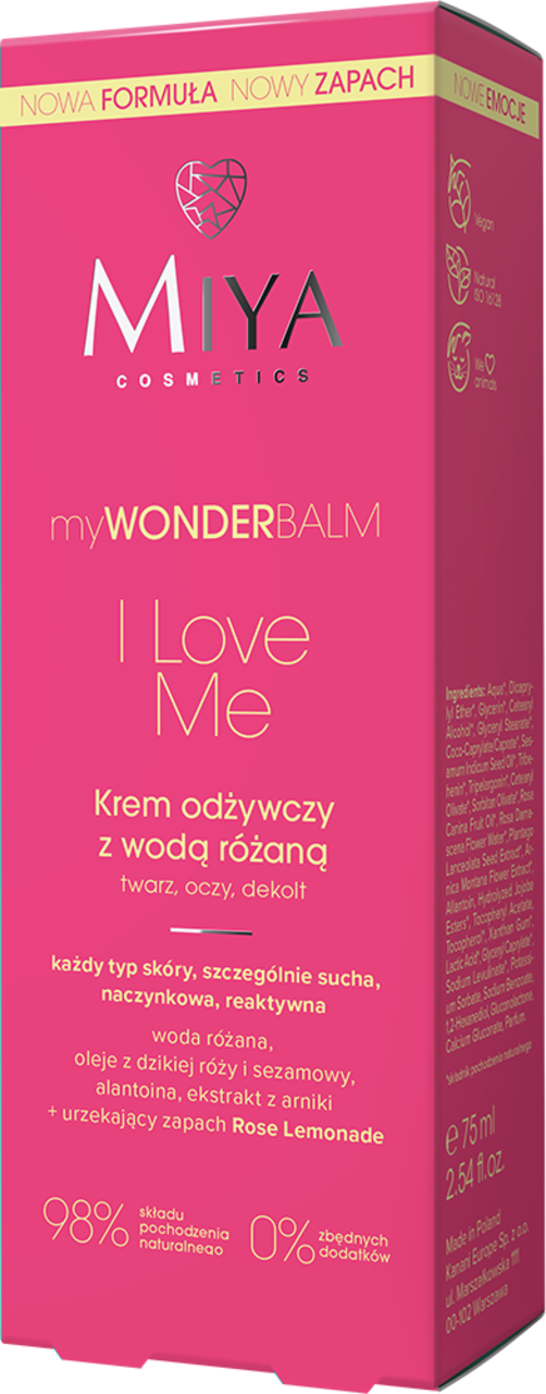 MIYA COSMETICS, myWONDERBALM I Love Me, krem do twarzy, oczu i dekoltu, odżywczy, z wodą różaną, dzień/noc, 75 ml