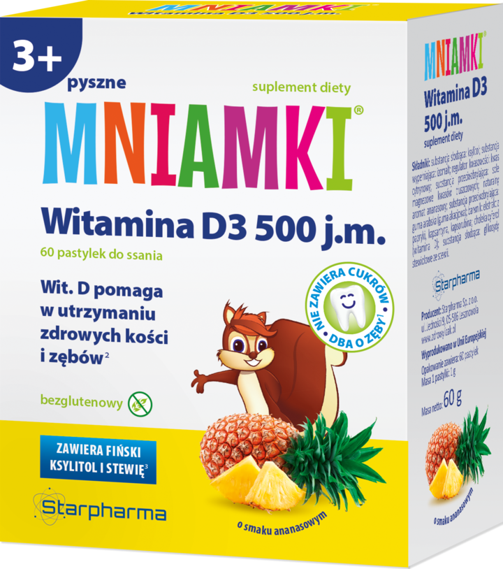 MNIAMKI, Witamina D3, pastylki do ssania, 500 j.m, o smaku ananasowym, 3+, suplement diety, 60 szt.